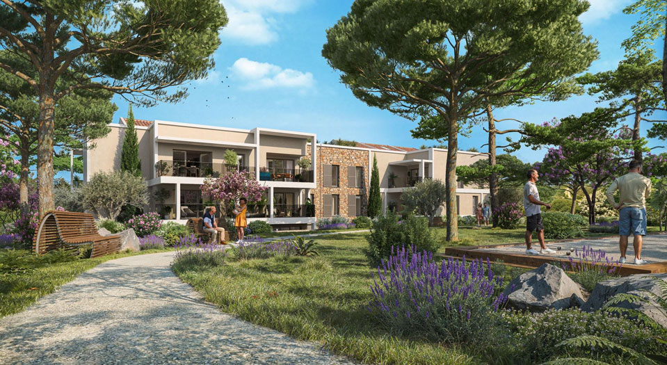 Première façade du programme immobilier neuf à Cannes avec voie d'accès.