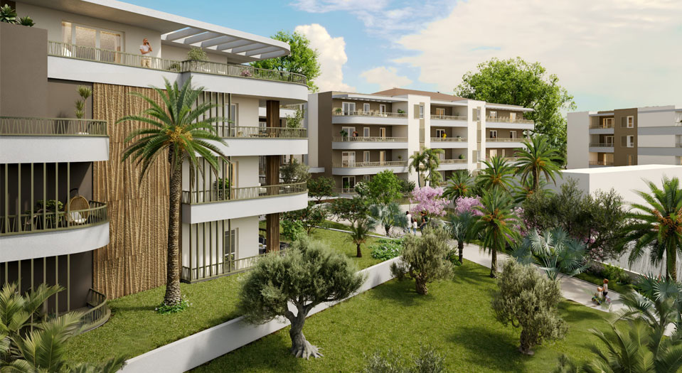 Vue moderne de la façade du programme neuf Cagnes sur Mer, alliant architecture élégante et finitions haut de gamme