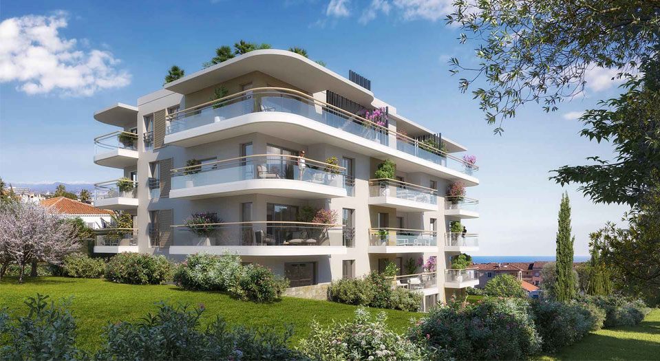 Vue aérienne du programme neuf ANTIBES Jules Grec, résidence moderne intégrée dans un quartier résidentiel paisible.
