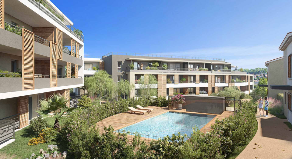 Programme neuf SAINT LAURENT DU VAR – Vue de la résidence "Le Belvédère" et sa piscine, offrant un cadre de vie exceptionnel.