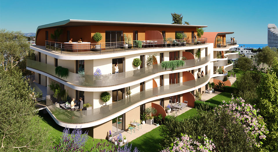 Vue d’ensemble d’un programme immobilier proposant un appartement neuf à Villeneuve-Loubet, entre mer et montagne