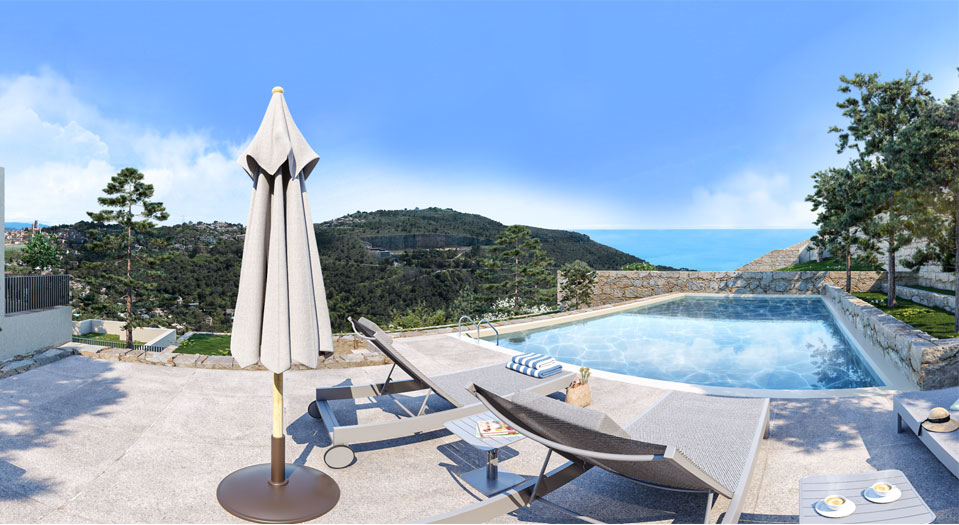 Terrasse des appartements neufs La Turbie avec piscine et vue mer panoramique