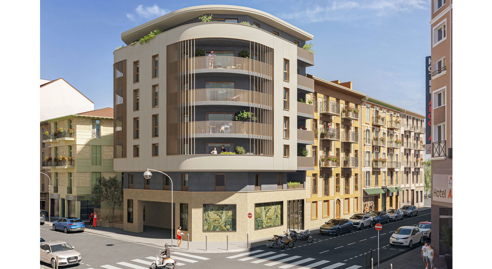 Façade élégante d’un programme neuf à Nice Riquier, architecture contemporaine et prestations haut de gamme.