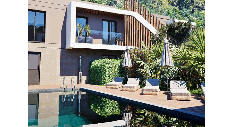 Programme neuf Èze — façade contemporaine et piscine au cœur d'un jardin méditerranéen