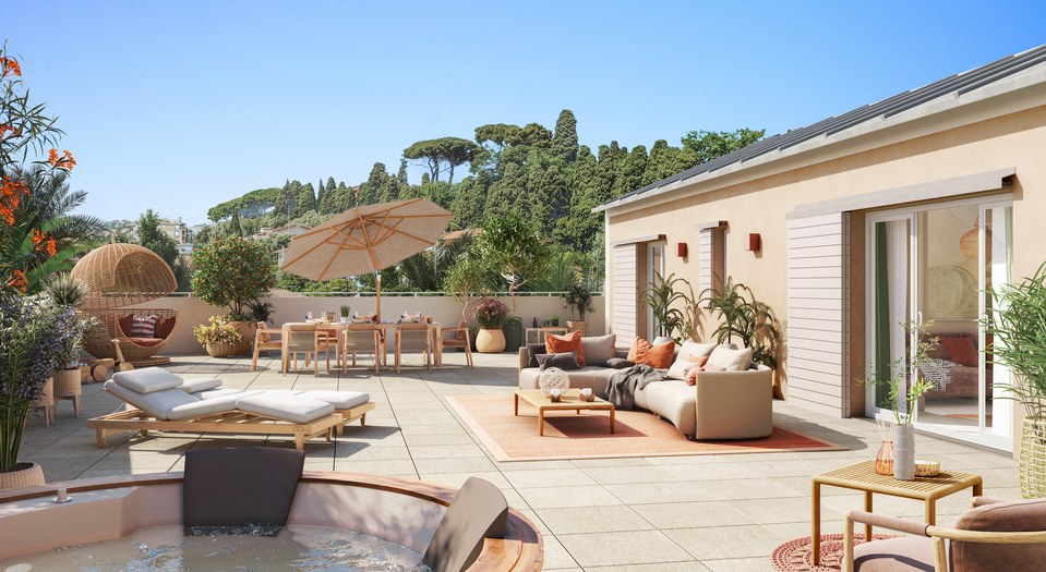 Appartement neuf Nice Saint-Barthélemy — grande terrasse rooftop avec vue sur la verdure niçoise