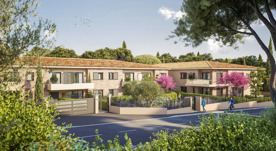 Programme neuf à Biot — façade provençale avec jardin paysager et pins