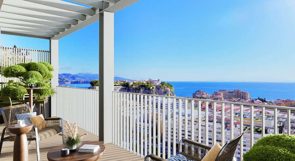 Programme neuf Cap d'Ail — terrasse avec vue panoramique sur le Rocher de Monaco