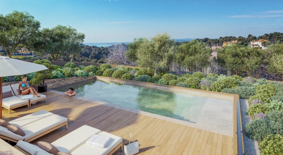 Résidence neuve Montaleigne — piscine à débordement avec vue sur la Baie des Anges
