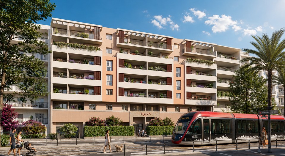Logements neufs à Nice — façade et entrée résidentielle proche du tramway