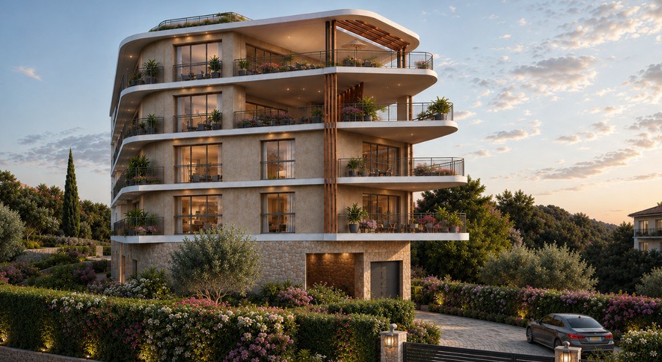 Résidence neuve à Antibes — façade contemporaine et jardin méditerranéen