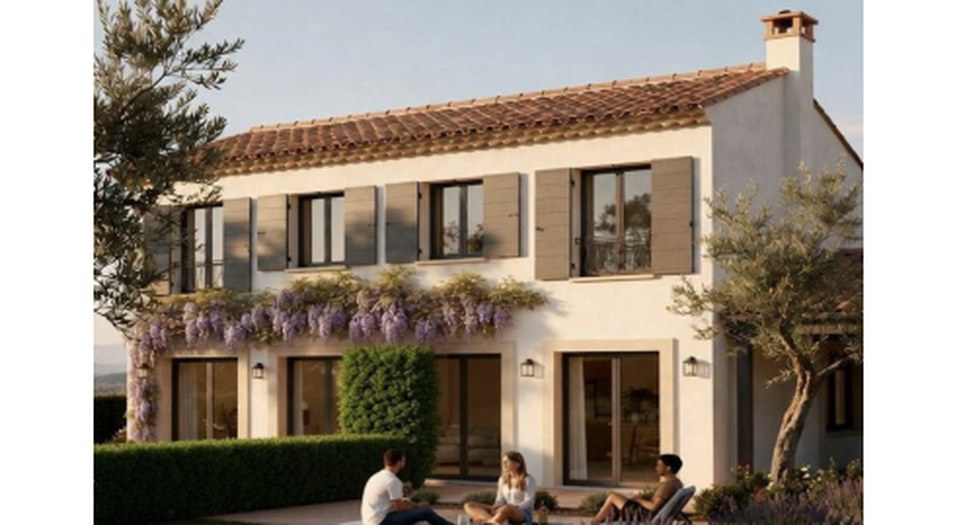 Villas neuves au Rouret — façade provençale avec volets, glycine et jardin arboré d'oliviers