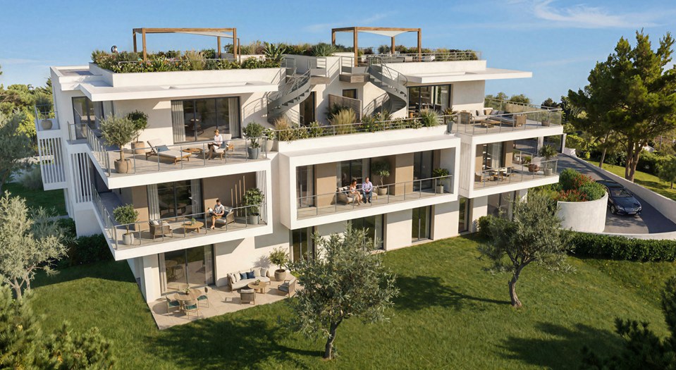 Programme neuf Cannes La Bocca — terrasse au coucher du soleil avec vue mer et Estérel