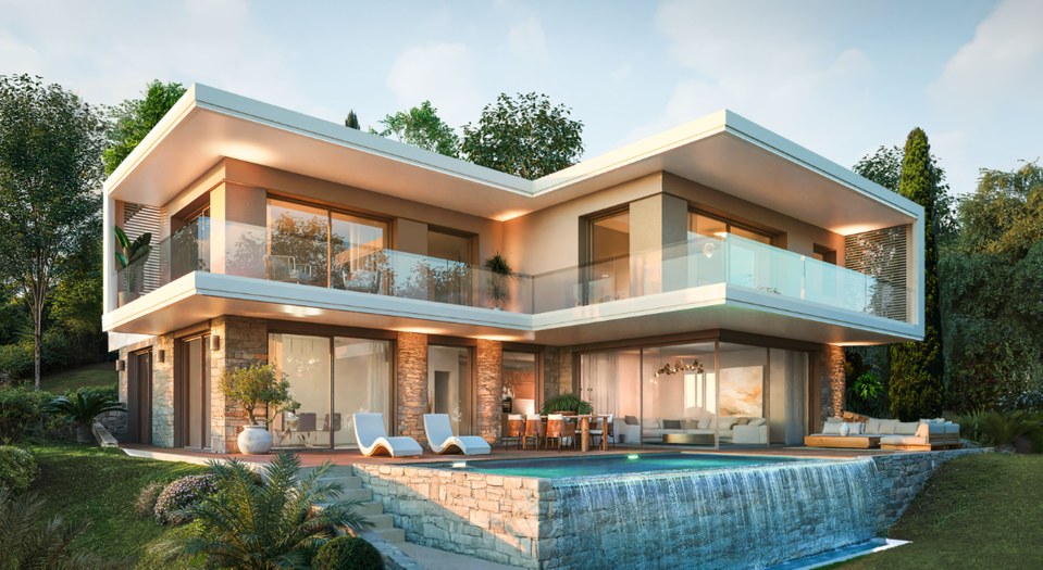 Villas neuves Mougins — villa d'architecte en pierre avec piscine à débordement et cascade